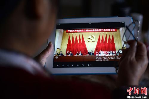 资料图：一位网友用平板电脑浏览有关中国共产党十八届三中全会的报道。中新社发